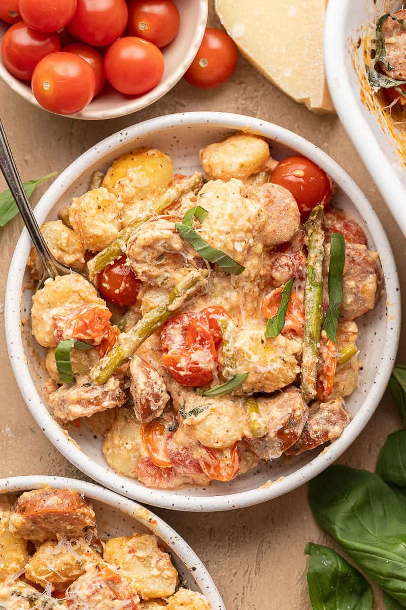 Lemon Feta Gnocchi Bake in white bowl.