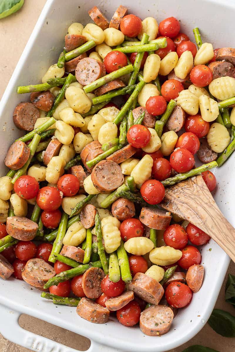 Lemon Feta Gnocchi Bake in pan.