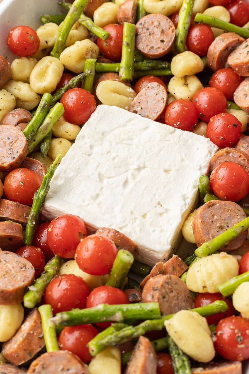 Lemon Feta Gnocchi Bake in pan.