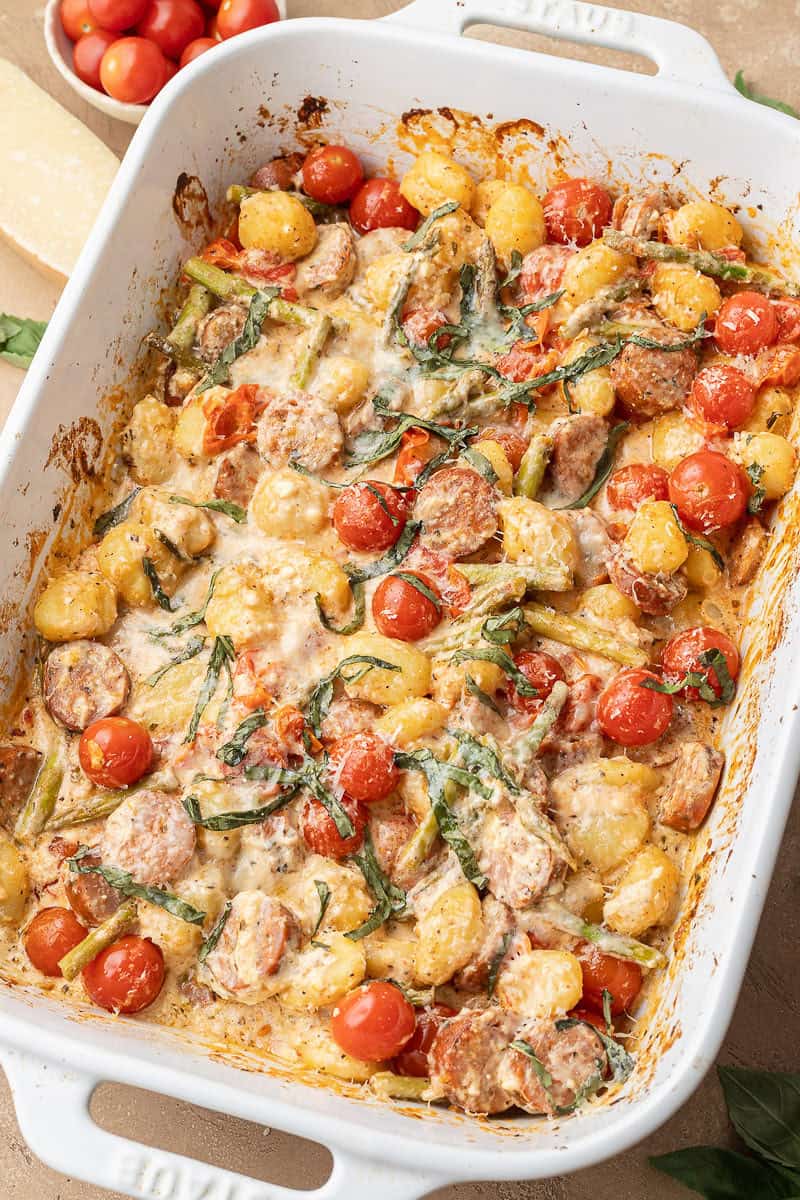 Lemon Feta Gnocchi Bake cooked in pan.