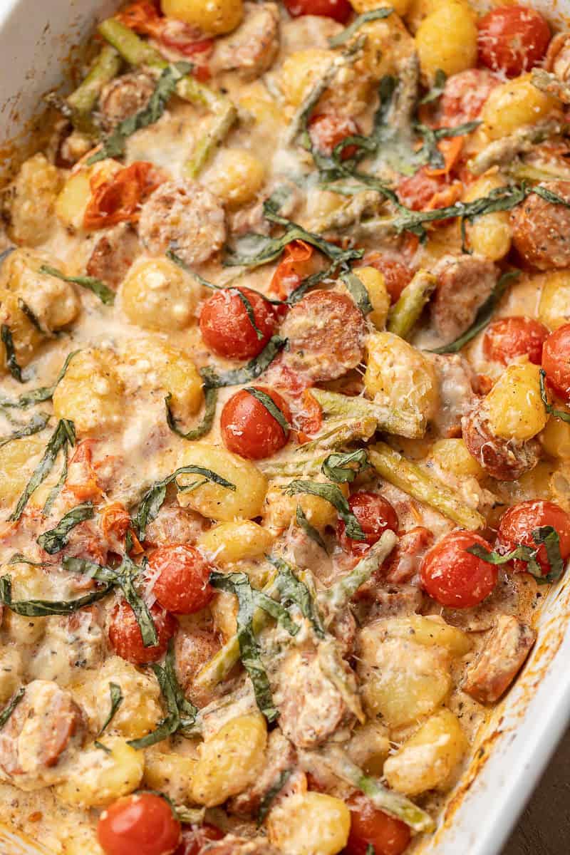 Lemon Feta Gnocchi Bake cooked in pan.