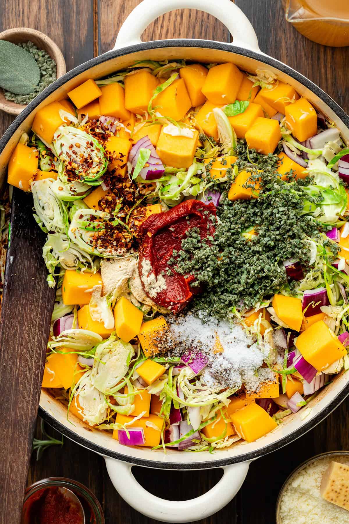 ingredients for butternut squash pasta bake in pan