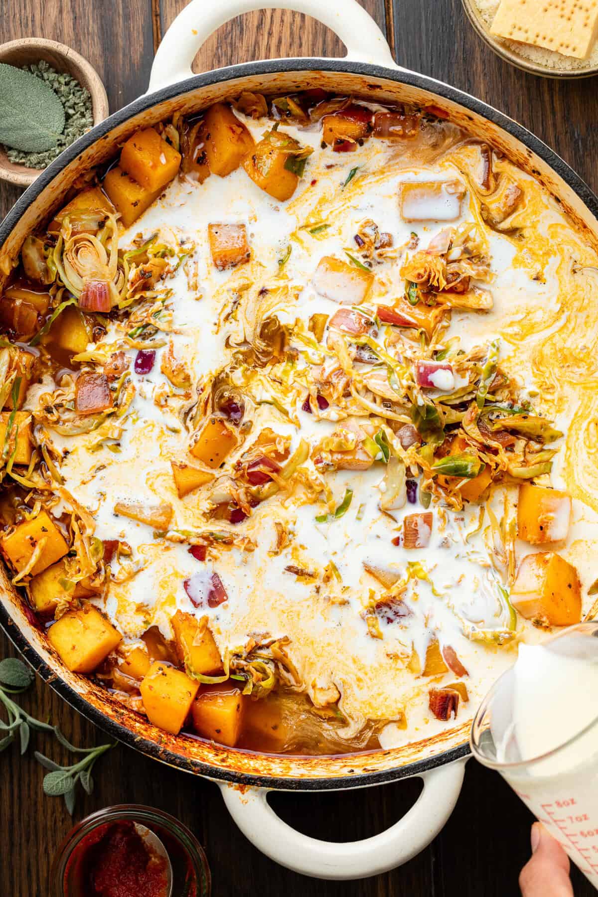ingredients for butternut squash pasta bake in pan