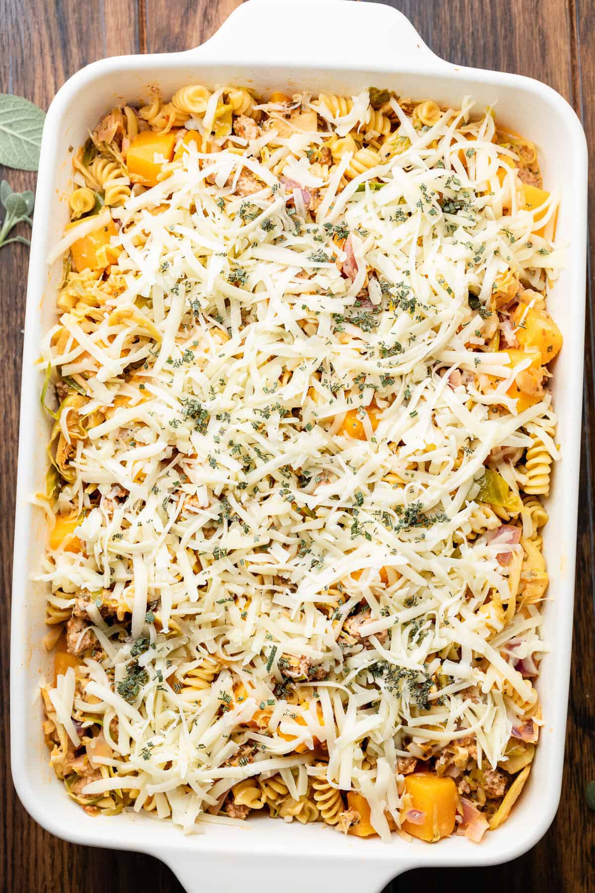 butternut squash pasta bake with cheese before baking