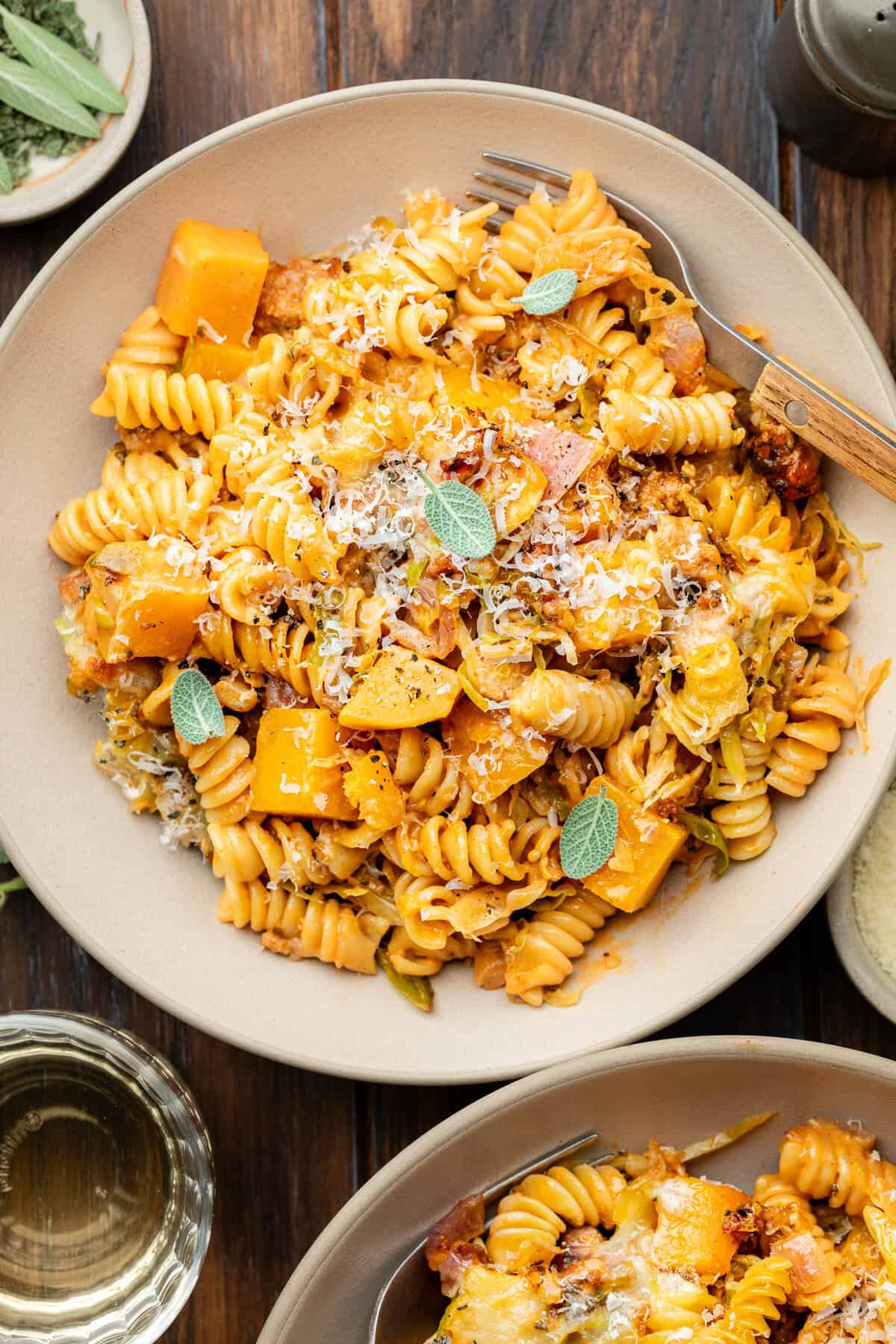 one bowl of butternut squash pasta bake