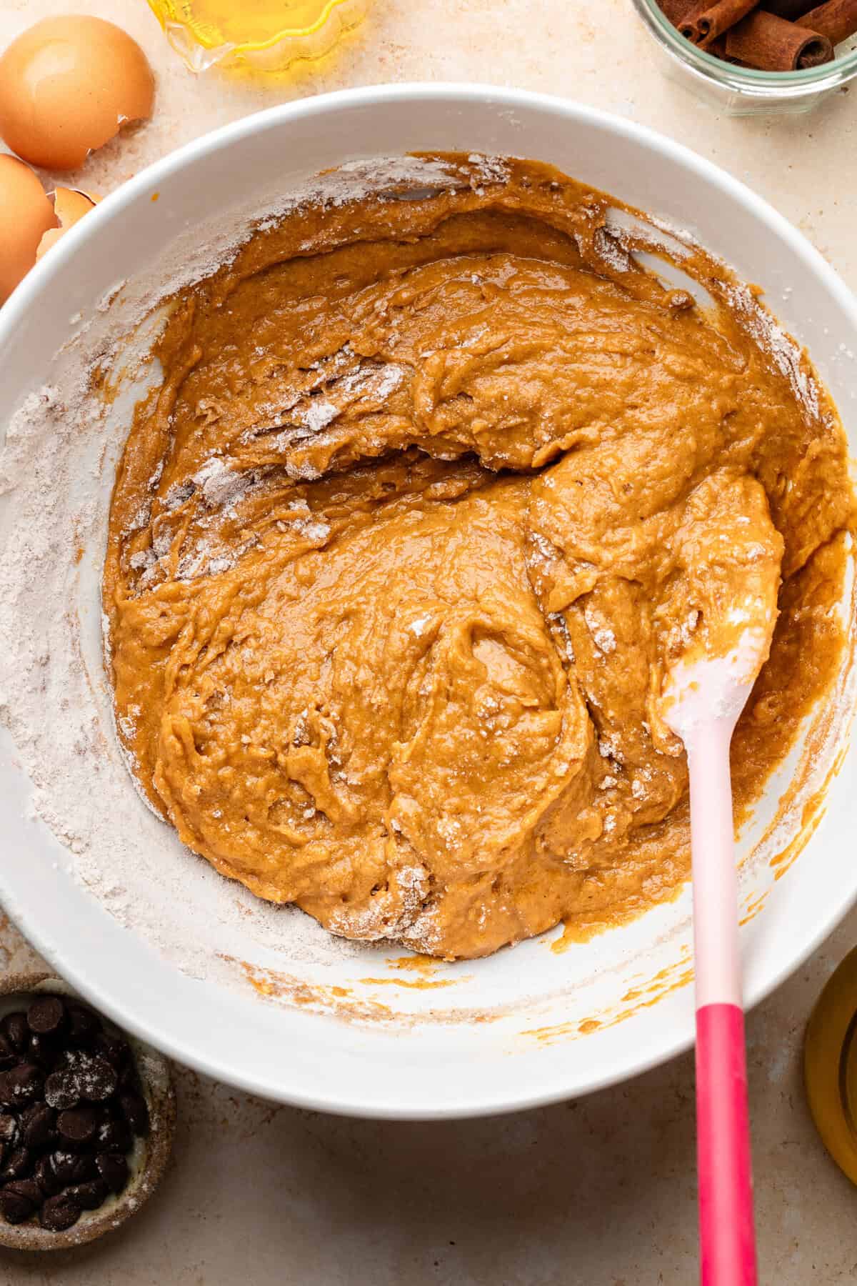 pumpkin olive oil cake batter in bowl