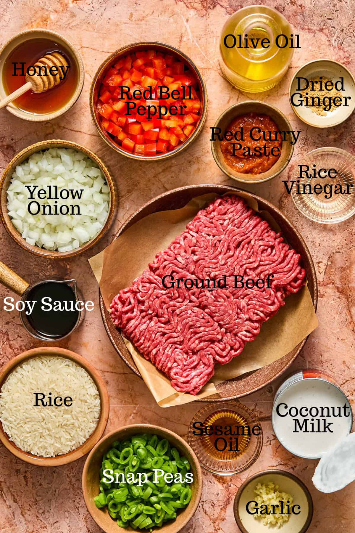 ingredients needed to make coconut curry beef bowls.