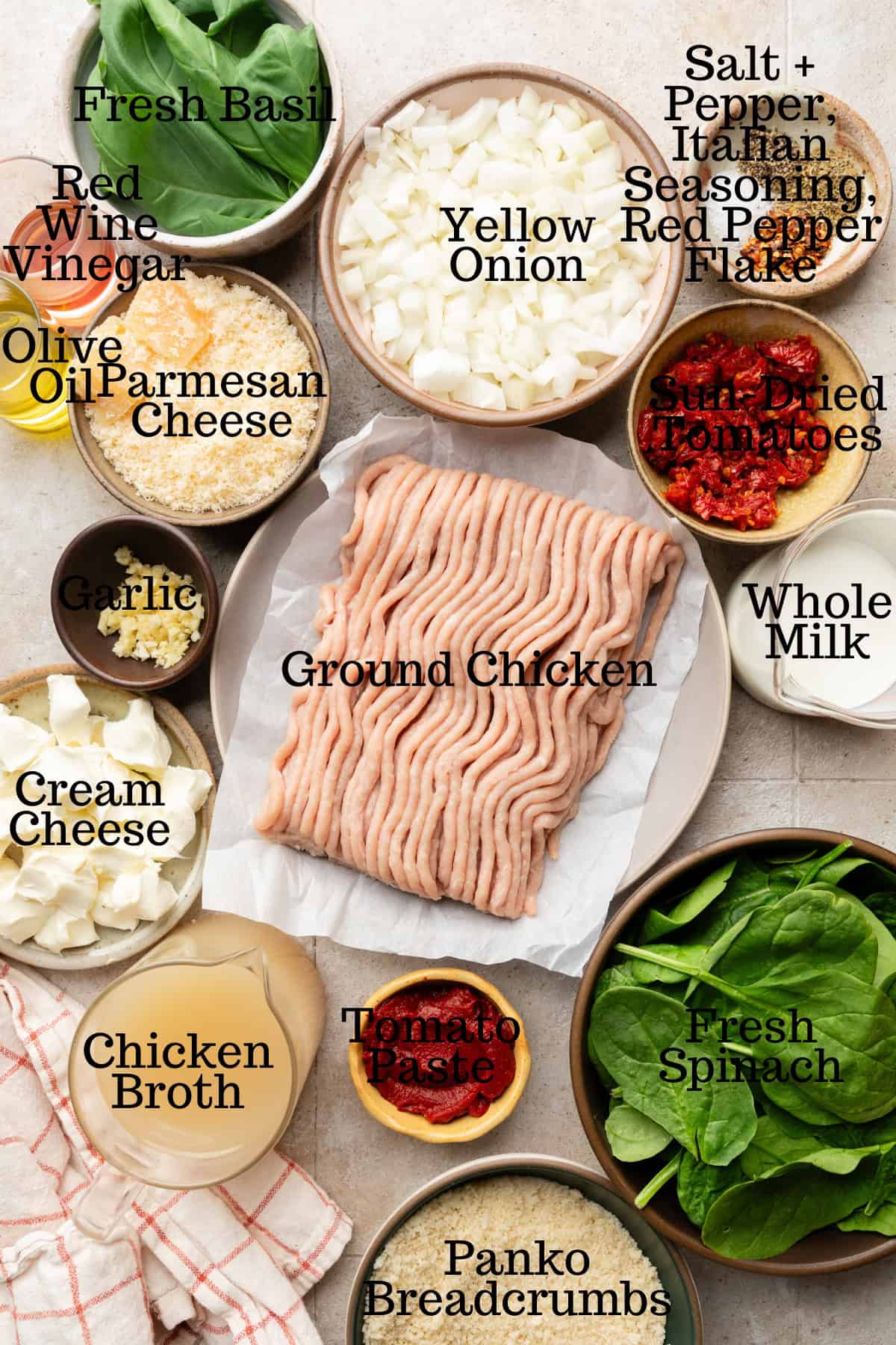 Photo of ingredients for Marry Me Chicken Meatballs with labels.