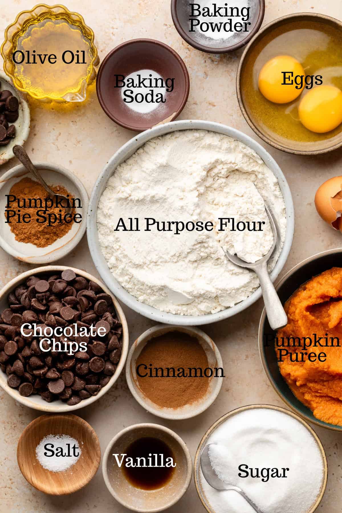 Photo of ingredients for Pumpkin Olive Oil Chocolate Chip Cake with labels.