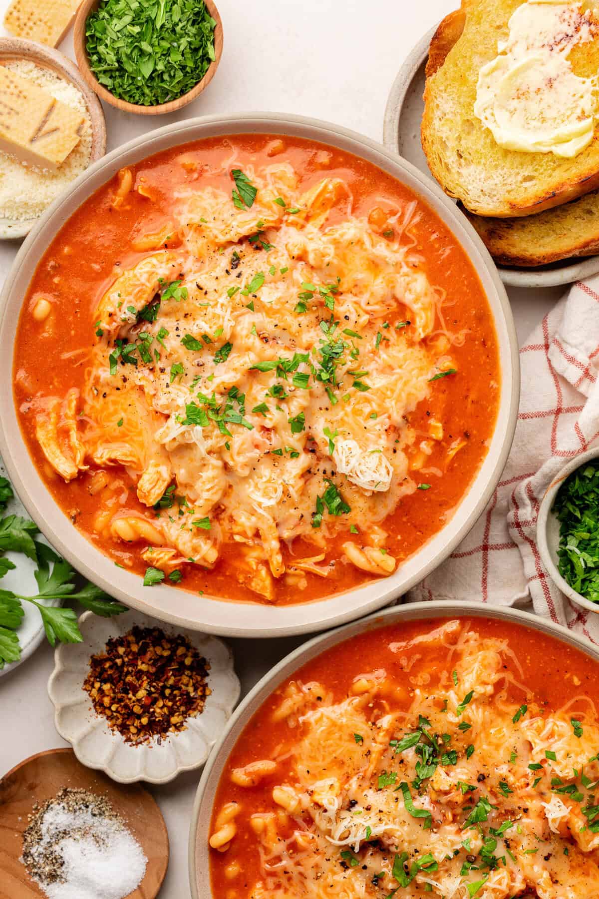 chicken parmesan soup in two bowls