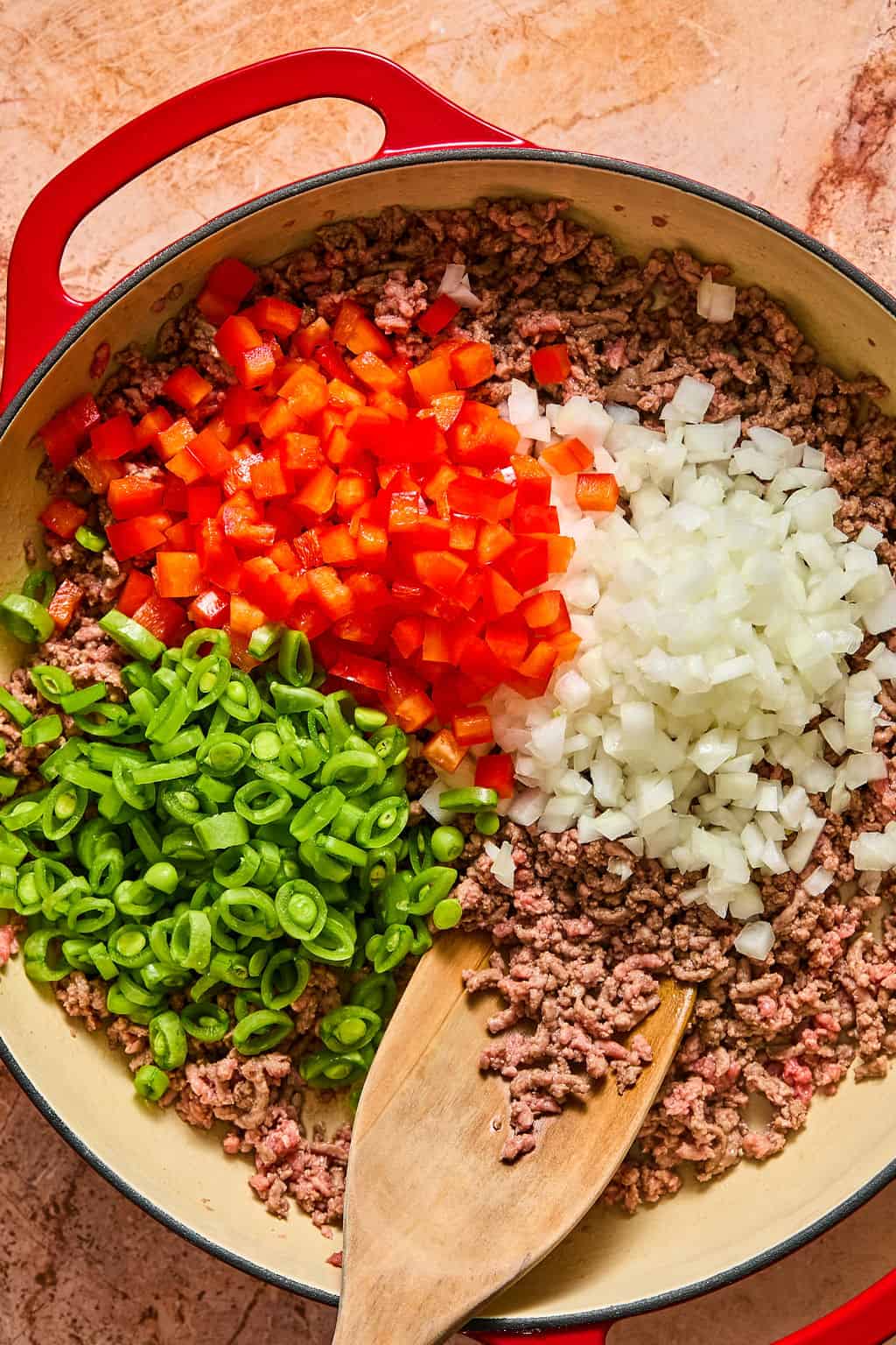 ground beef with onion, pepper, and snap peas