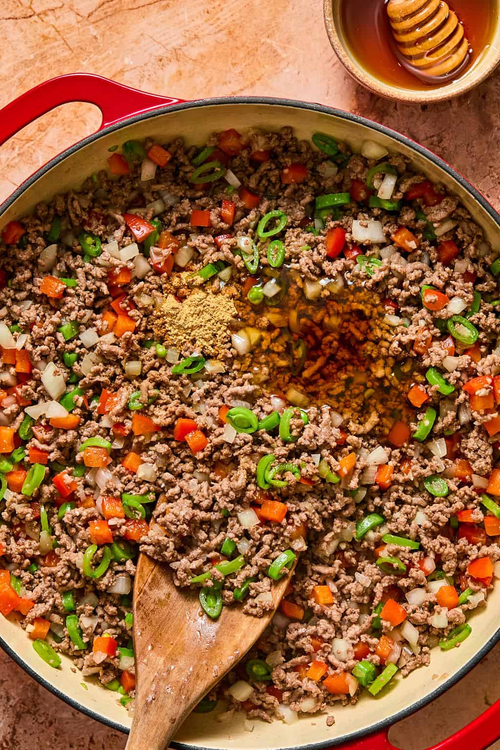 ground beef in pan with veggies
