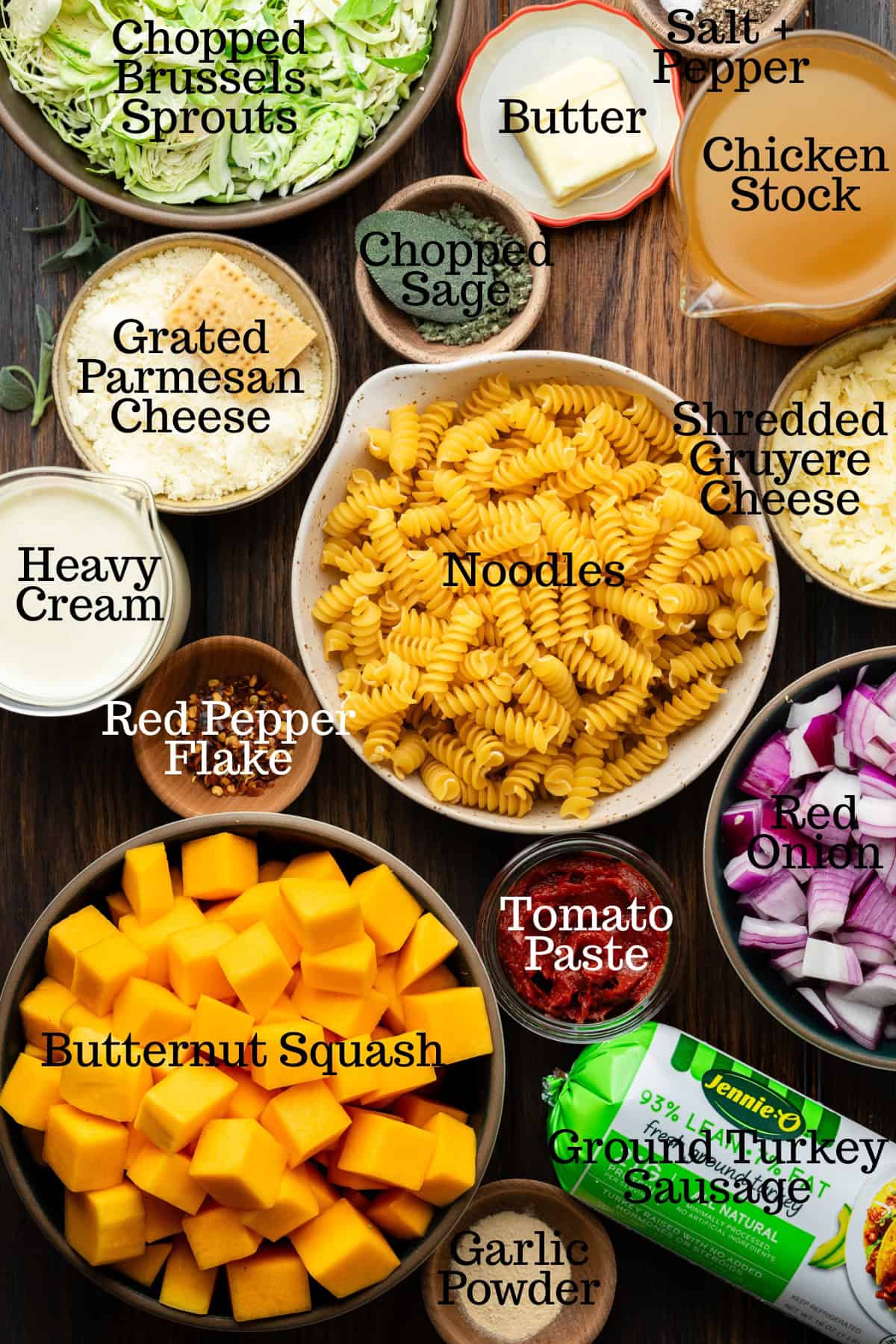 Photo of ingredients for Butternut Squash Pasta Bake with labels.